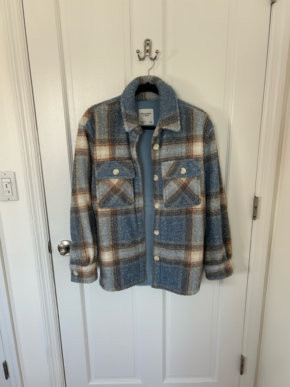 Abercrombie & Fitch Blue Plaid Bouclé Jacket with Cream and Brown